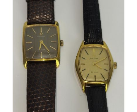 A pair of ladies gold plated manual wind Omega wristwatches to include an Omega De Ville having baton hour markers on a later