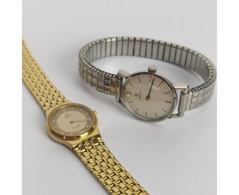 A pair of ladies Omega manual wind wristwatches to include a gold plated Omega De Ville, and a stainless steel example having