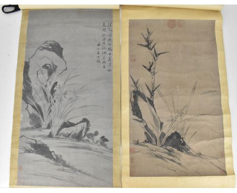 Two Chinese hanging scroll ink paintings in the manner of Zhao Mengjian, both depicting narcissus flowers with bamboo, with c