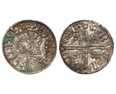 Aethelred II silver penny, Helmet Issue, obverse reads:- +AEDELRAEDREXANGL [first 'D' with thorn, both 'AE,s' and 'NG' ligula