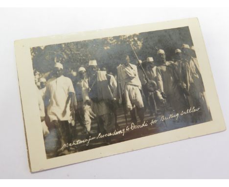 Mahatma Gandhi, rare RP postcard, of Gandhi on his Salt Revenue Walk, issued by P.V. Picture Stores Cannanore, postally used 