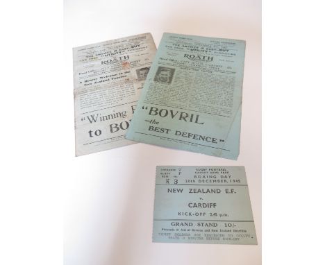 Rugby programme for unofficial war international between Cardiff v New Zealand 26/12/45 plus match ticket the New Zealand tea