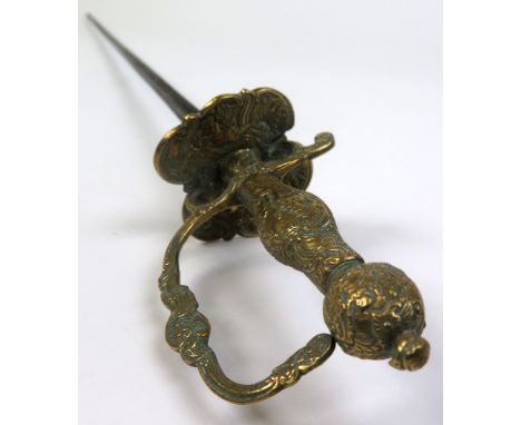 Sword: An interesting European small sword. Ornate brass hilt decorated with various figures (huntsman etc). Hollowground tre