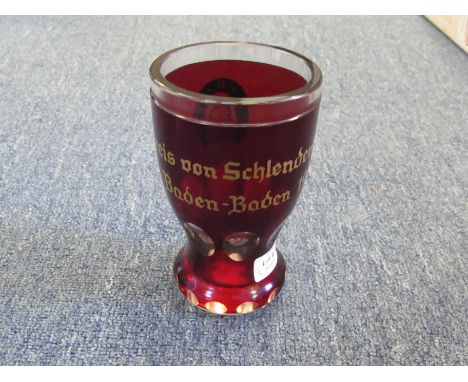 Lester Piggott's jockey's prize for the 1977 Preis von Schlenderhahn at Baden-Baden, in the form of a ruby glass goblet with 