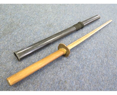 Sword - a wooden Japanese Katana in its plastic (?) scabbard with plastic Tsuba. Plain wood construction.