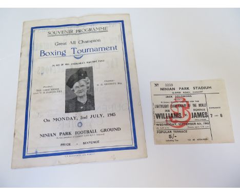 Boxing at Ninian Park Cardiff rare programme 2/7/45 in aid Mrs Churchill War Time Fund includes Ronnie James Gwyn Williams Ar