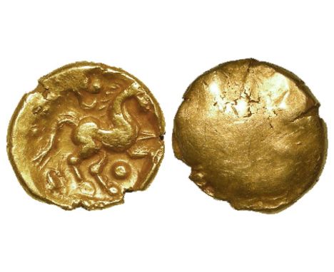 Ancient British Celtic gold stater of the Trinovantes, Late Whaddon Chase type, with large pellet beneath horse, see ABC 2338