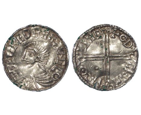 Aethelred II silver penny, Long Cross Type, Spink 1151, obverse legend:- +AEDELRED REX ANGLO ['AE'and 'NG' ligulate], reverse