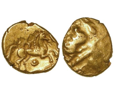 Ancient British Celtic gold stater of the Trinovantes, Late Whaddon Chase type, with large pellet beneath horse, see ABC 2338