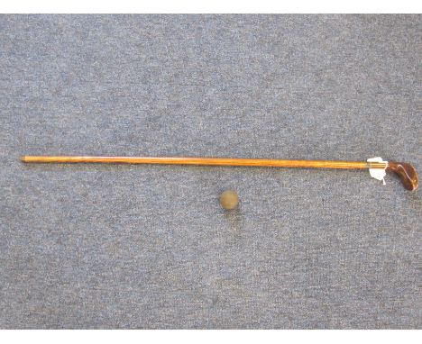 Golf club walking stick circa 1930, with an ash shaft, in good condition; sold with a gutty golf ball circa 1900, in poorer c