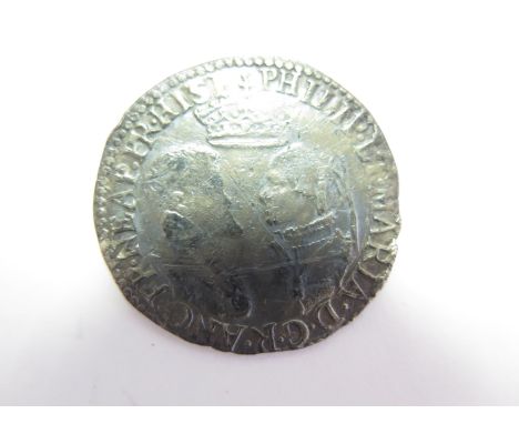 Philip and Mary silver shilling, undated, Spink 2501A, with old ticket, light scuffs, full, round, well centred, F/GF