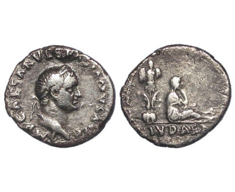 Vespasian silver denarius, Rome Mint 69-70A.D., obverse reads:- IMP CAESAR VESPASIANVS AVG, laureate bust, right, reverse rea