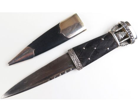 Scottish silver plated Gordon Highlanders Sgian Dubh, scabbard maker marked 'R &amp; H R Kirkwood'. Dull yellowish 'cairngorm