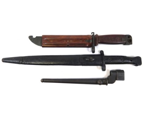 Bayonets as follows:- 1) Pattern 1888 MKIII bayonet & scabbard. Painted black - should clean up well. 2) AKM Bayonet & scabba