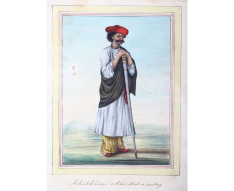 A 19TH CENTURY INDIAN COMAPNY SCHOOL WATERCOLOUR PAINTING, depicting a gentleman leaning on a stick, image 17cm x 12cm.