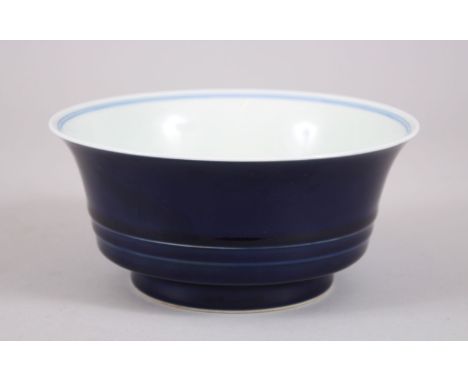 A GOOD CHINESE POWDER BLUE PORCELAIN BOWL, with double step ridge to the lower section and a flared top rim, the interior wit