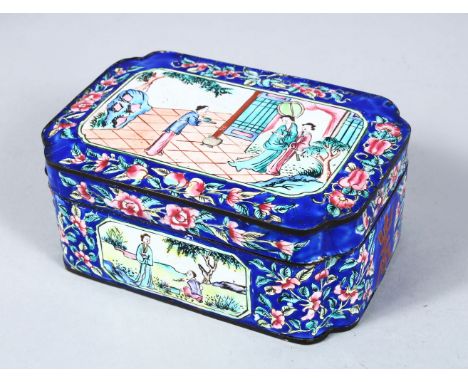 A 19TH CENTURY CHINESE CANTON ENAMEL BOX &amp; COVER, the box decorated with three main panels of figures in garden settings 