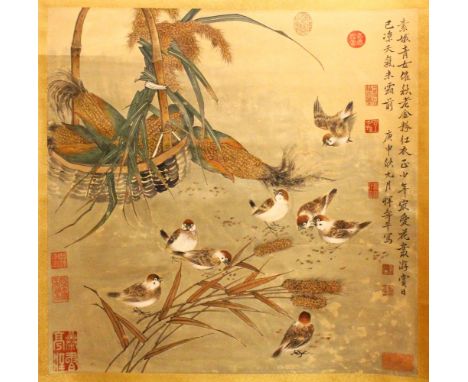 A LARGE CHINESE HANGING SCROLL PAINTING OF BIRDS, the birds grazing beside a basket of cobs, with signature seal and calligra