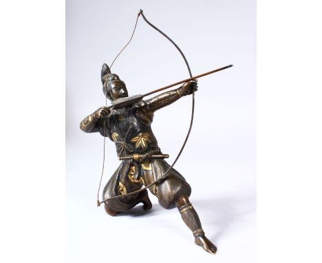 A JAPANESE MEIJI PERIOD BRONZE OKIMONO OF A SAMURAI ARCHER, in a leant back position on his knee, aiming his bow ready to fir