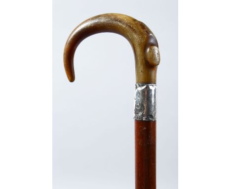 A GOOD 19TH CENTURY HORN HANDLED SILVER MOUNTED WALKING STICK, 88.5cm high.