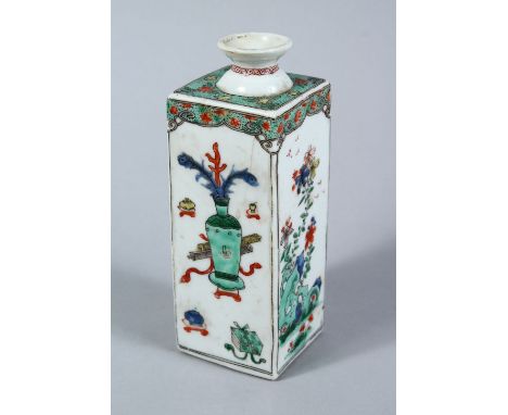 A GOOD CHINESE KANGXI PERIOD FAMILLE VERTE PORCELAIN SQUARE BOTTLE VASE, each side of the vase with native floral spray and p