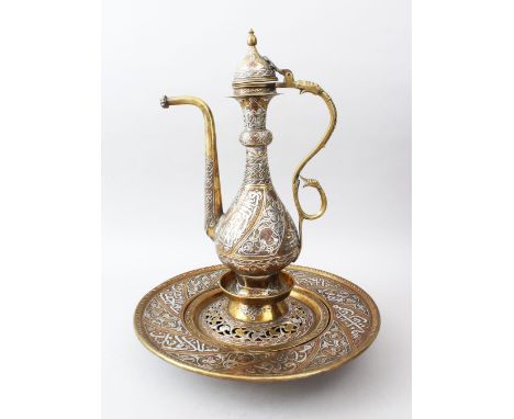 A GOOD 19TH/20TH CENTURY ISLAMIC DAMASCUS MAMLUK REVIVAL BRASS EWER AND BASIN, inlaid all over with silver and copper, Ewer 3