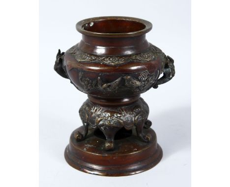 A GOOD CHINESE LATE 19TH CENTURY BRONZE CENSER, the censer stood upon a cylindrical base with six scrolling lion dog legs, th