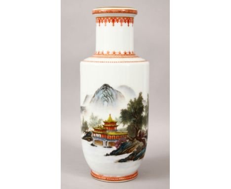 A GOOD CHINESE REPUBLICAN STYLE PORCELAIN VASE, decorated with a main panel of a native landscape with calligraphy above, wit