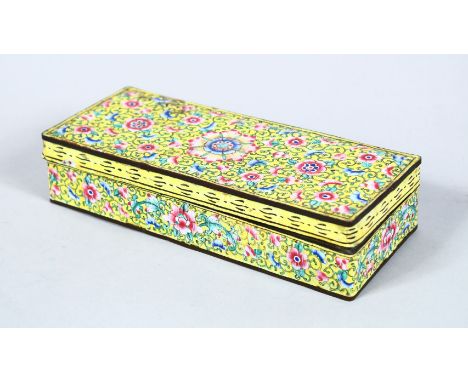 A 19TH CENTURY CHINESE YELLOW GROUND ENAMEL BOX &amp; COVER, the box decorated upon a yellow ground profusely with scrolling 