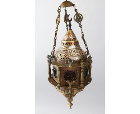 A LATE 19TH CENTURY ISLAMIC DAMASCUS/CAIROWARE MAMLUK REVIVAL BRASS HANGING LAMP, with silver and copper inlaid decoration, 3