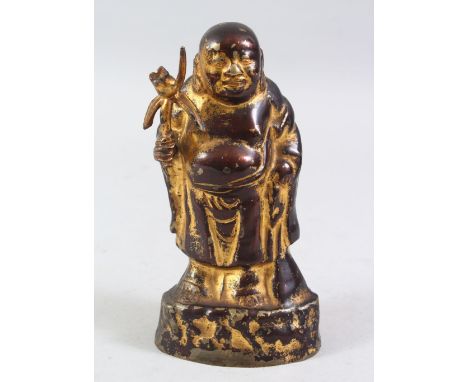  A GOOD 19TH CENTURY OR EARLIER CHINESE GILT BRONZE FIGURE OF BUDDHA, stood upon a base, holding a flower in his right hand, 