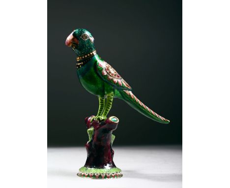 A FINE 20TH CENTURY INDIAN GEM SET SILVER AND ENAMEL MODEL OF A PARROT ON A TREE STUMP, 15.5cm high.