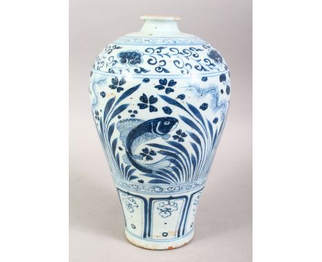 A GOOD CHINESE BLUE &amp; WHITE PORCELAIN MEIPING VASE, the body of the vase decorated with scenes of  carp / fish amongst re