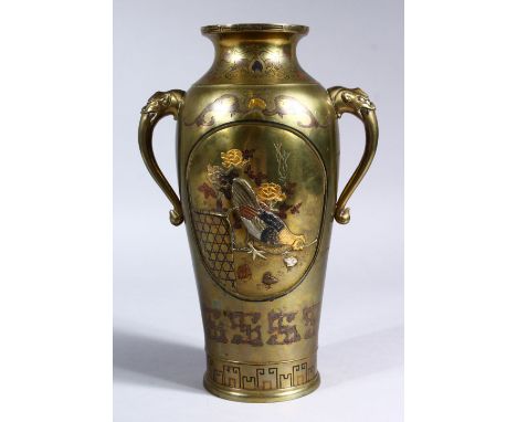 A GOOD JAPANESE MEIJI PERIOD BRONZE &amp; MIXED METAL TWIN HANDLE VASE, the body of the vase with tin panel decoration, each 