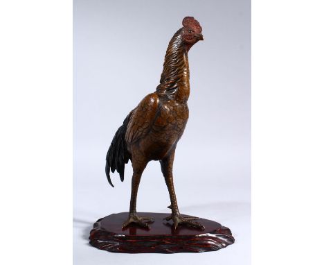 A GOOD JAPANESE MEIJI PERIOD BRONZE OKIMONO OF A COCKEREL BY MASATSUNE, the cockerel stood in a meaningful position, the body