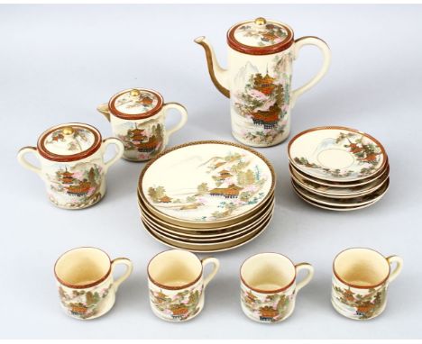 A JAPANESE MEIJI PERIOD SATSUMA PART COFFEE / TEA SET, the set decorated with landscape scenes, consisting of  6 plates 15cm,