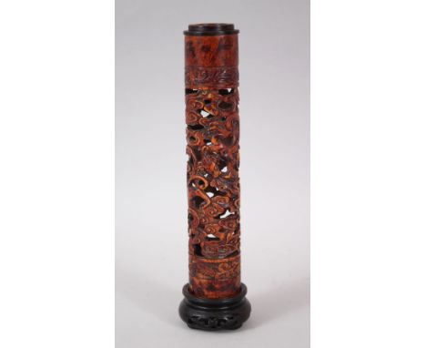 A RARE 18TH CENTURY CHINESE BAMBOO JOSS STICK HOLDER / INCENSE BURNER &amp; STAND, the bamboo carved well to depict scenes of