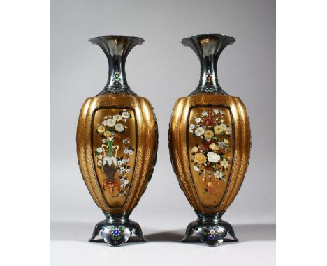 A FINE PAIR OF JAPANESE MEIJI PERIOD GOLD LACQUER &amp; SHIBAYAMA VASES, the body of the vases finely decorated with a gold l