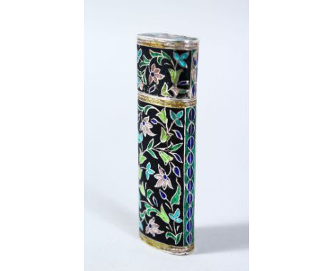 AN INDIAN WHITE METAL &amp; ENAMEL CASE &amp; COVER, decorated with enamel in floral style, 9cm high x 2,8cm wide
