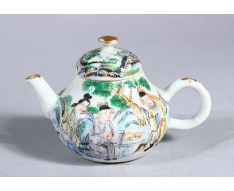 A 19TH CENTURY CHINESE FAMILLE VERTE PORCELAIN TEAPOT, the body of the tea pot decorated with scenes of figures within garden