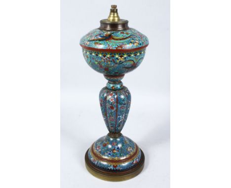 A GOOD 19TH CENTURY CHINESE CLOISONNE LAMP, the body of the lamp with silver wire decoration depicting phoenix birds in fligh