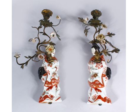 PAIR OF JAPANESE 19TH CENTURY IMARI PORCELAIN FIGURES WITH EUROPEAN MOUNTED WALL LIGHTS, the pair of wall lights with porcela