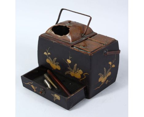A GOOD JAPANESE MEIJI PERIOD LACQUER AND METAL MOUNTED SMOKING BOX &amp; KISERU, the smoking box with metal top compartments,