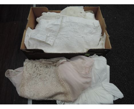 A small selection of vintage clothing and textiles including cotton underskirts, aprons, blouses, baby gown etc and several v