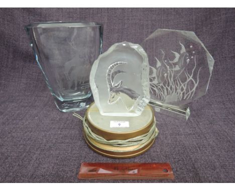 A Scandinavian Art glass vase having engraved 'deer' decoration signed to base, Stromberg Art glass plaque having engraved 'a