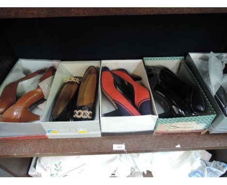 Five pairs of vintage 1980s shoes in a variety of styles and sizes includes makes such as Trickers, and Carvela, all unworn a