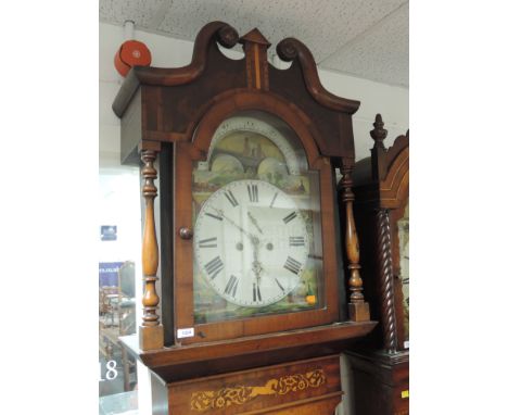 An early 19th century oak and mahogany longcase clock having swan neck and pillar hood, containing arch and later painted dia