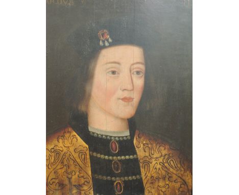 An oil painting on board, 19th century portrait study of Edward III after the original, 18in x 14in