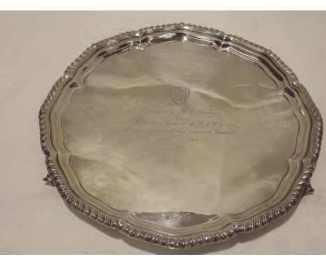 A silver salver having shield and presentation inscription regarding The British Automobile Racing Club within a gadrooned pi