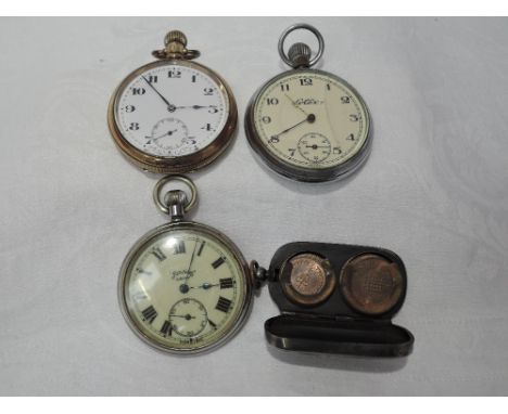A gold plated top wound pocket watch having Arabic numeral dial with subsidiary seconds, a similar base metal pocket watch ma